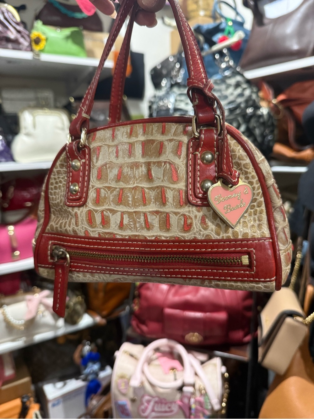 Dooney & Bourke Vintage in a RARE COLOR Red Trim Croc Embossed Leather -Satchel.